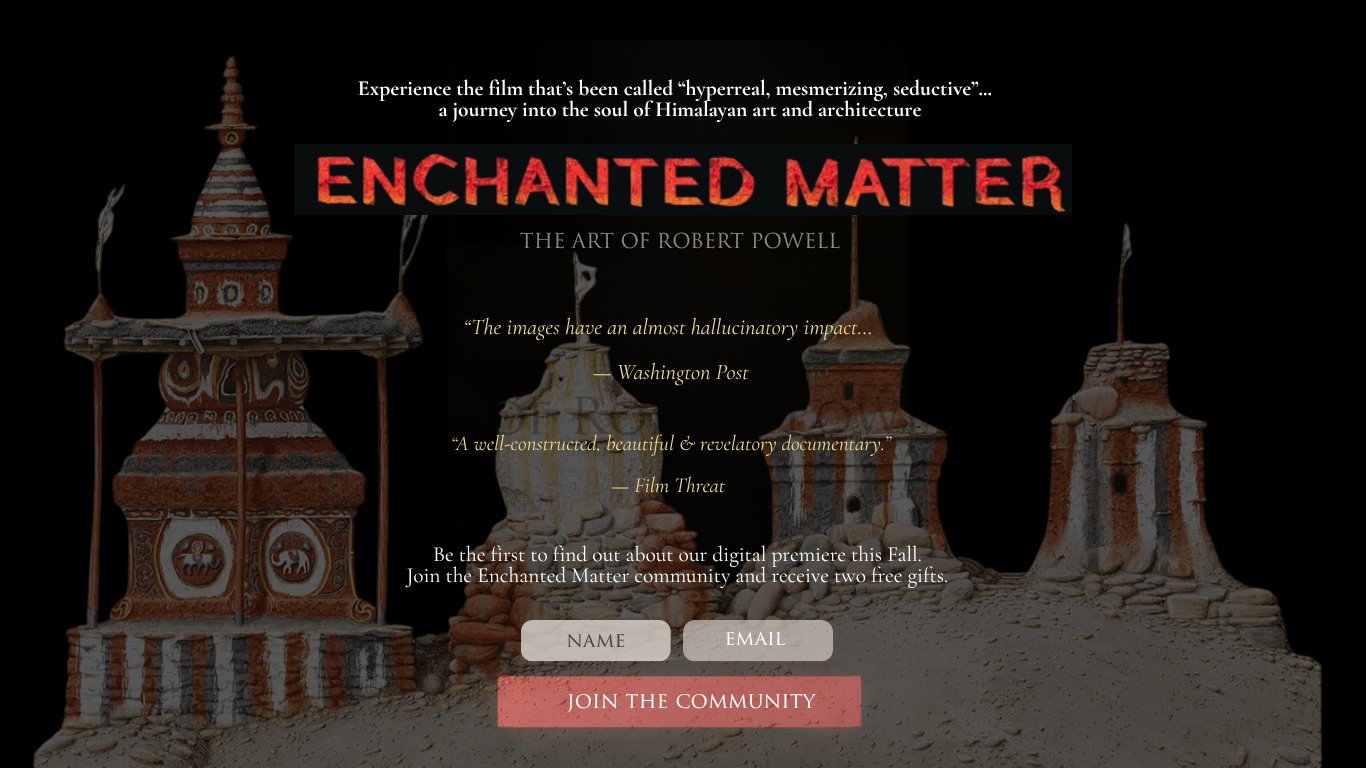 Above-the-fold landing page mockup for Enchanted Matter with press quotes and email signup